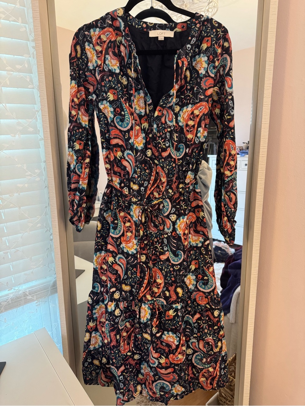 LOFT Black Paisley Tie-Waist Long Sleeve Midi Dress
